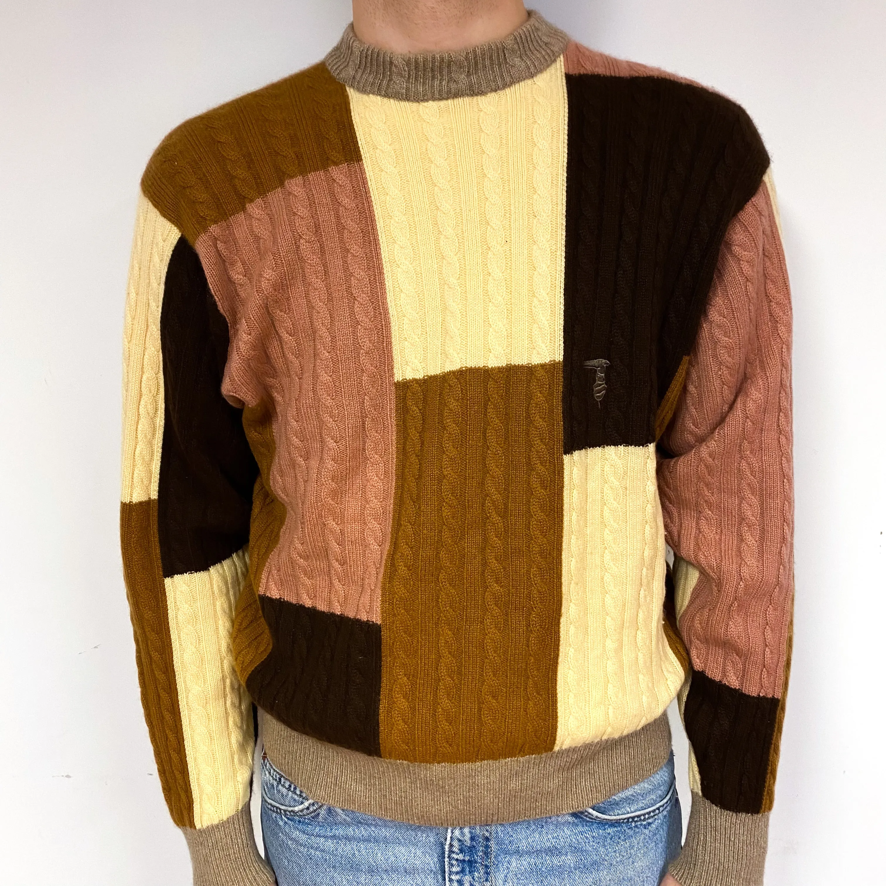 Men's Brown Colour Block Cashmere Crew Neck Jumper Large