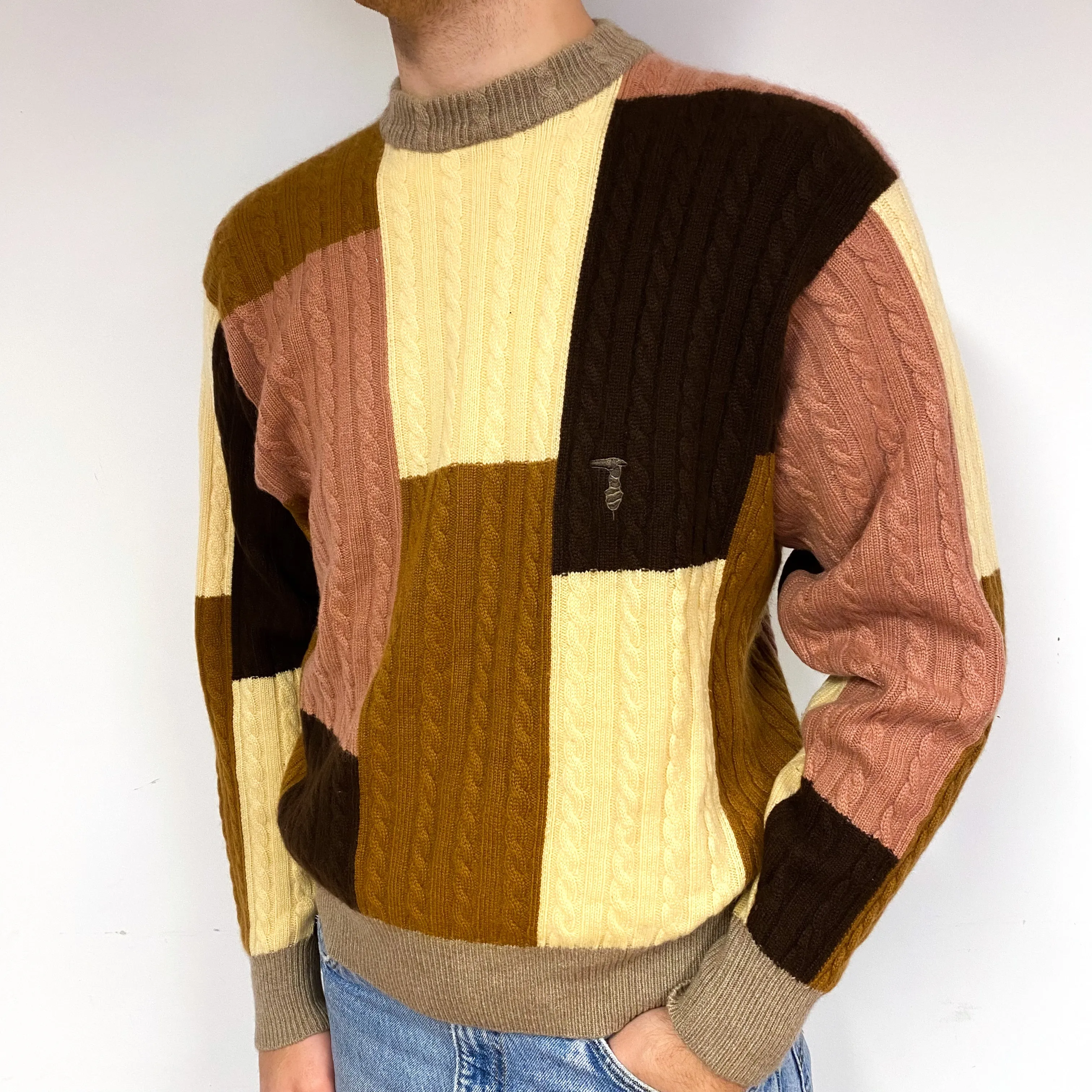 Men's Brown Colour Block Cashmere Crew Neck Jumper Large