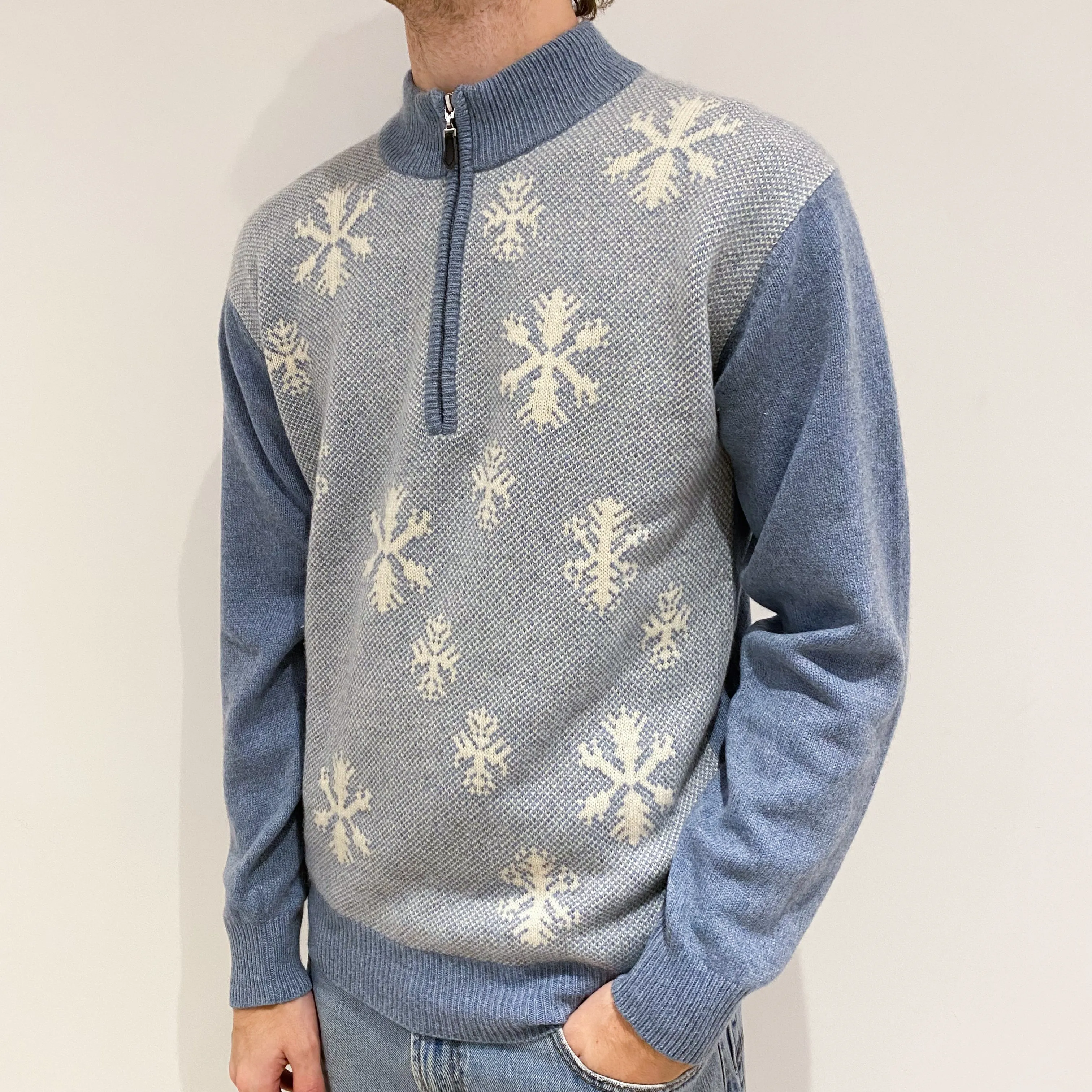 Men’s Denim Blue Snowflake 1/4 Zip Jumper Large