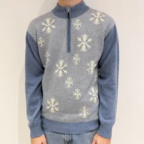 Men’s Denim Blue Snowflake 1/4 Zip Jumper Large