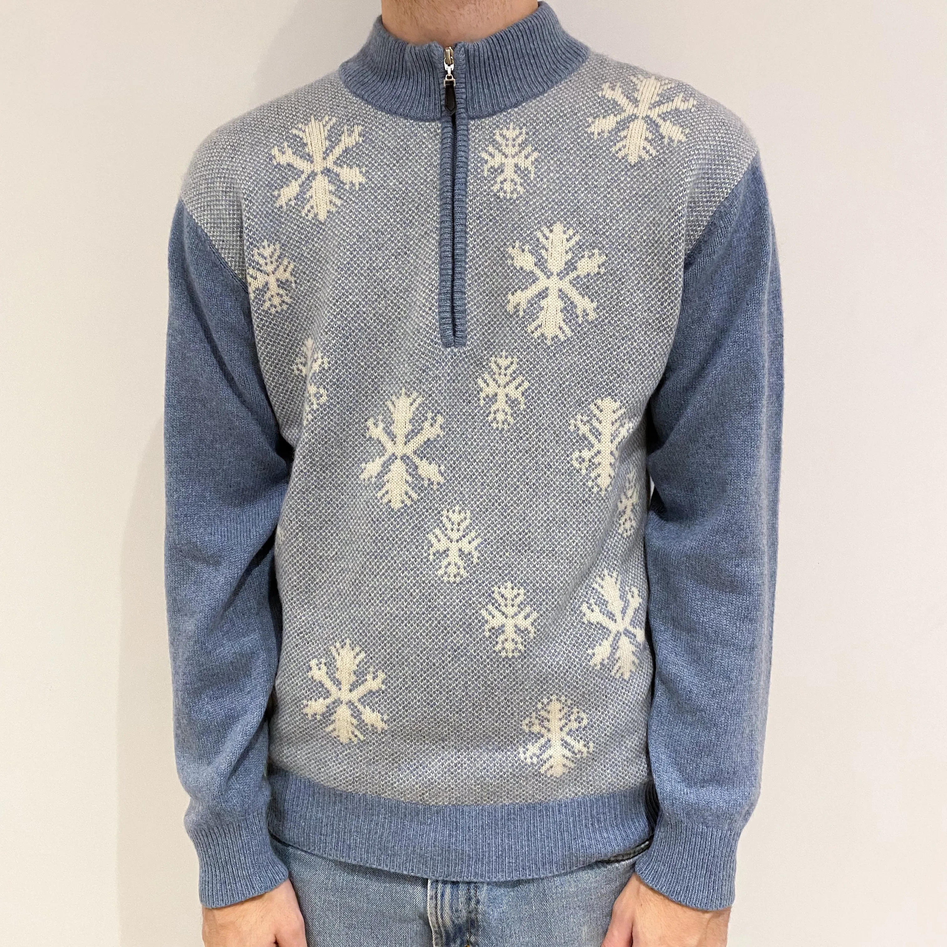 Men’s Denim Blue Snowflake 1/4 Zip Jumper Large