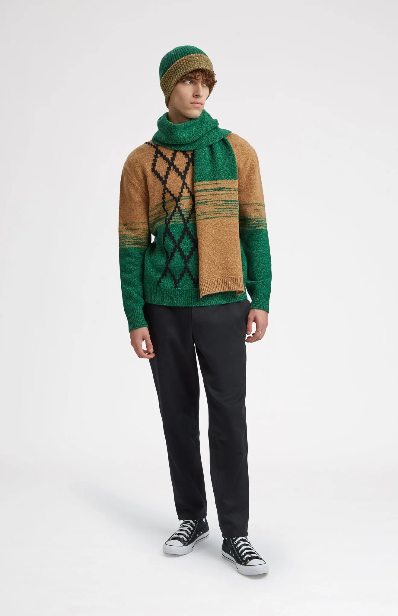 Men's Lambswool Scarf With A Mouline Degrade Effect In Vicuna and Evergreen