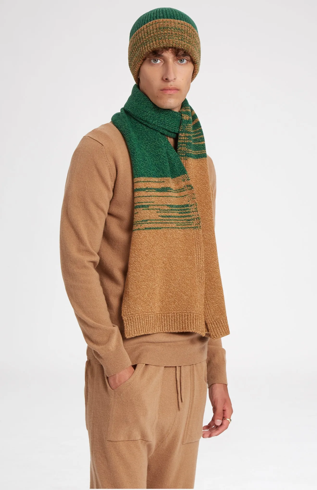 Men's Lambswool Scarf With A Mouline Degrade Effect In Vicuna and Evergreen