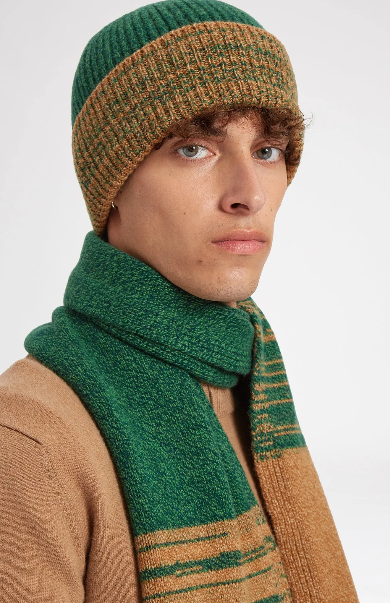 Men's Lambswool Scarf With A Mouline Degrade Effect In Vicuna and Evergreen