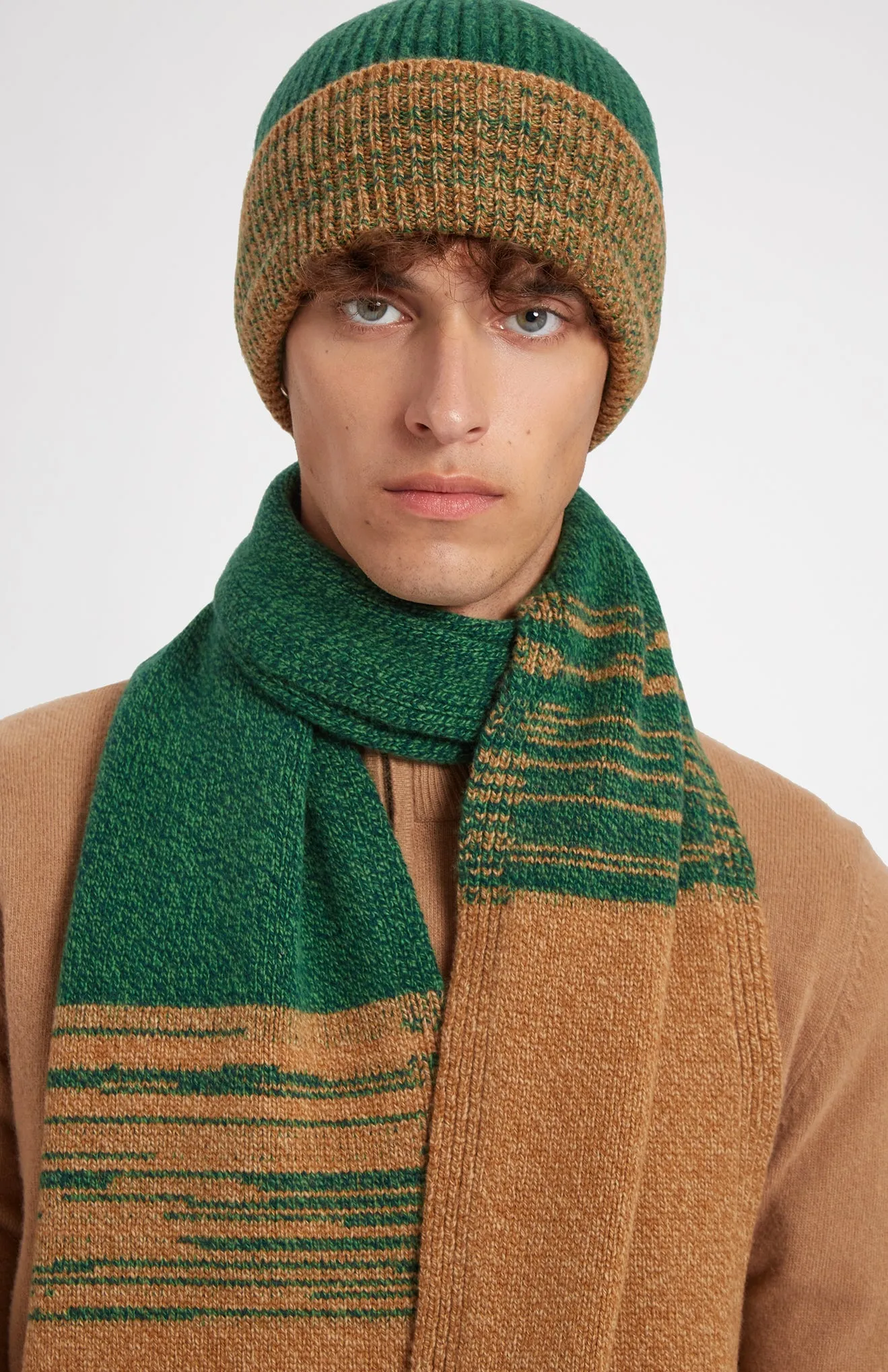 Men's Lambswool Scarf With A Mouline Degrade Effect In Vicuna and Evergreen