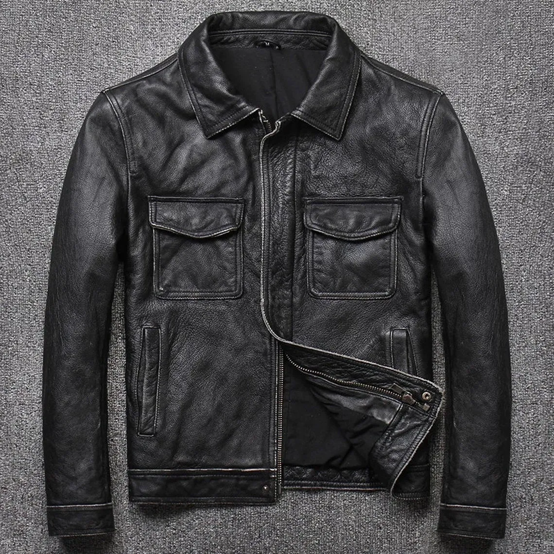 Mens Natural Cowhide Leather Slim Fit Jacket Vintage Style Butter Soft Leather