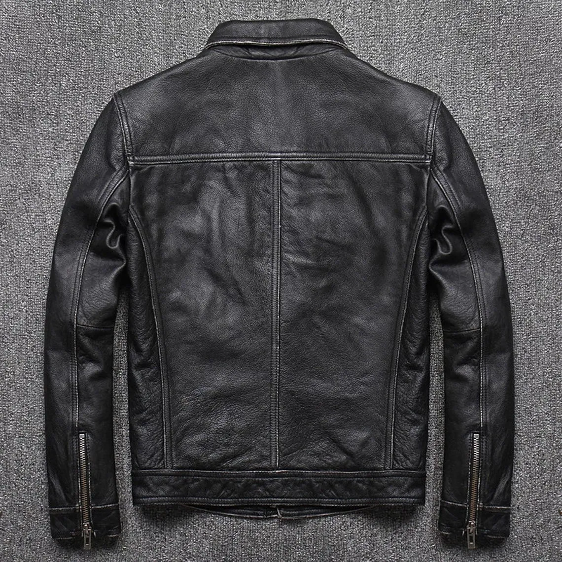 Mens Natural Cowhide Leather Slim Fit Jacket Vintage Style Butter Soft Leather
