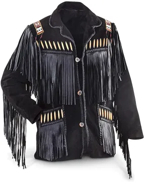 Men's Western Eagle Cowboy Fringed & Boned Suede Leather Jacket
