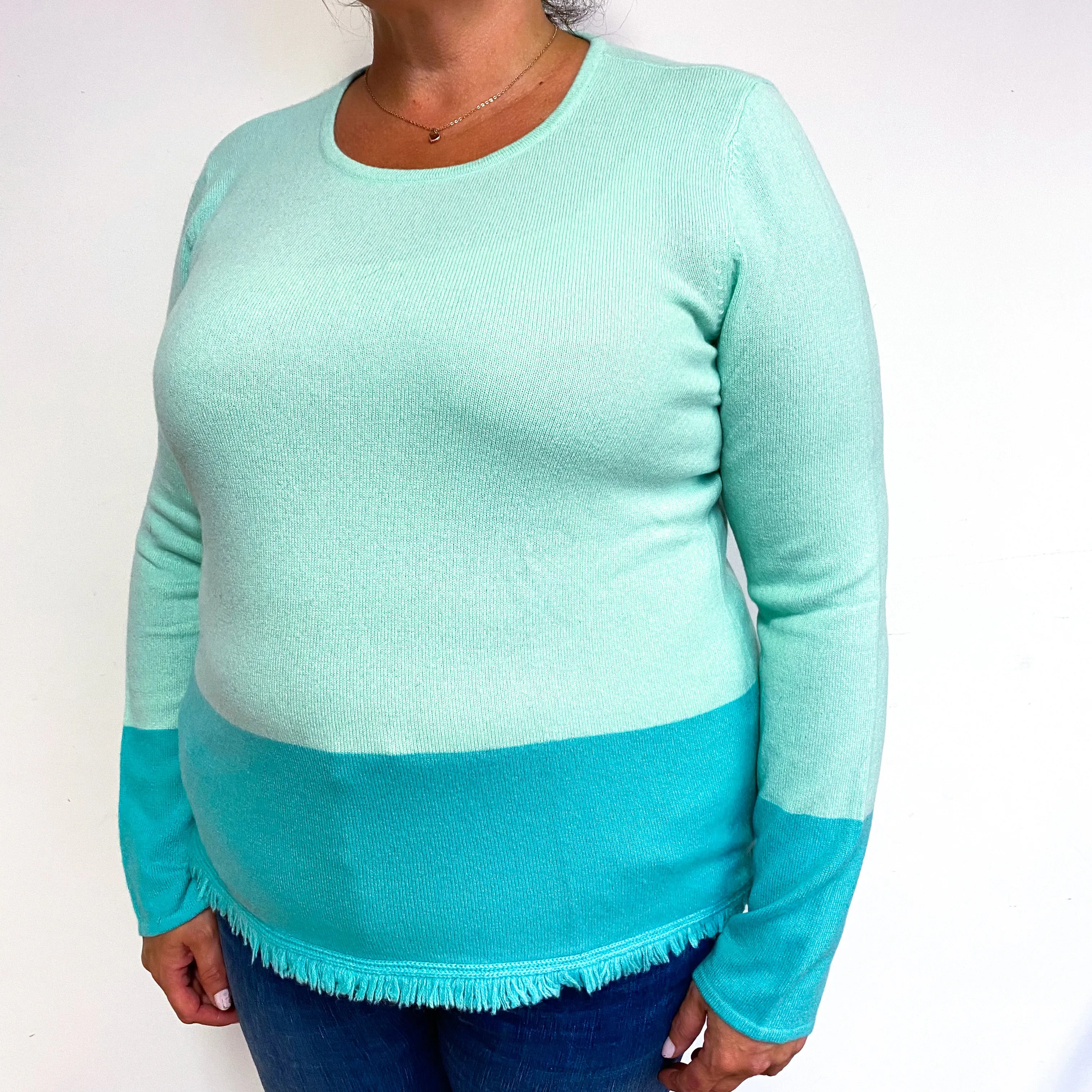 Mint Green and Turquoise Cashmere Crew Neck Jumper Extra Large