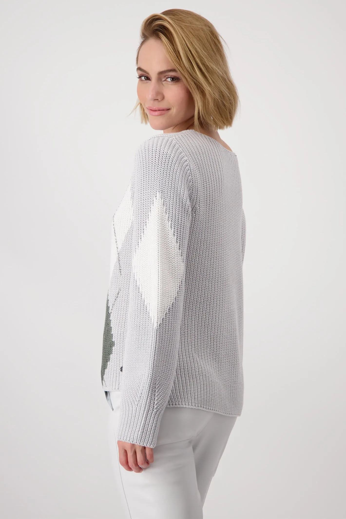 Monari 808377 Grey Chalk Diamond Print Round Neck Jumper
