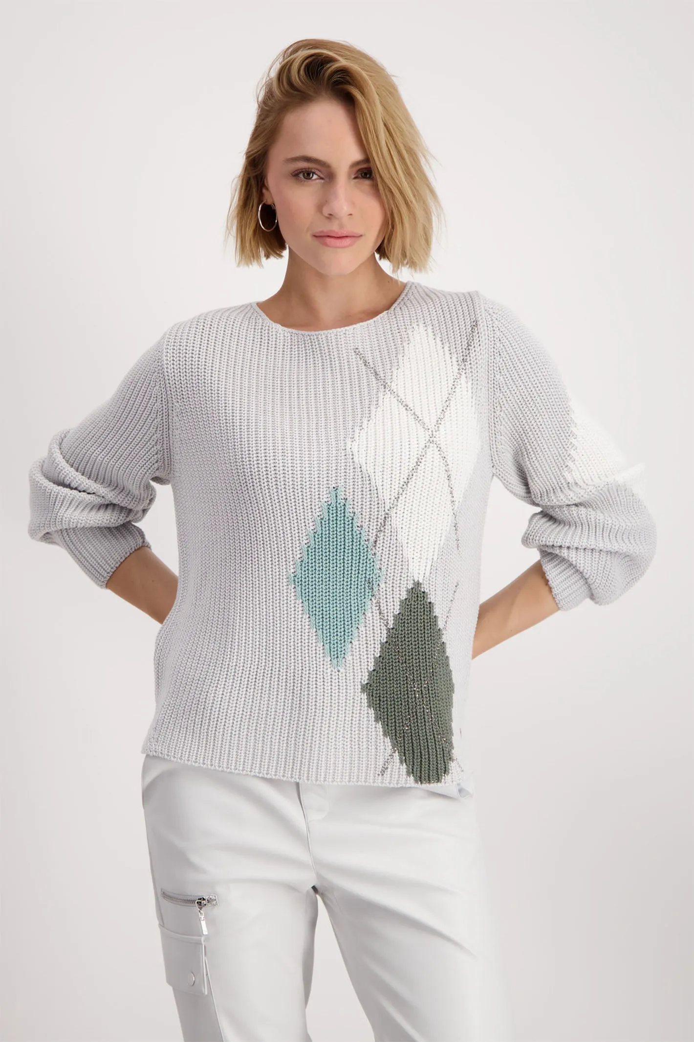 Monari 808377 Grey Chalk Diamond Print Round Neck Jumper
