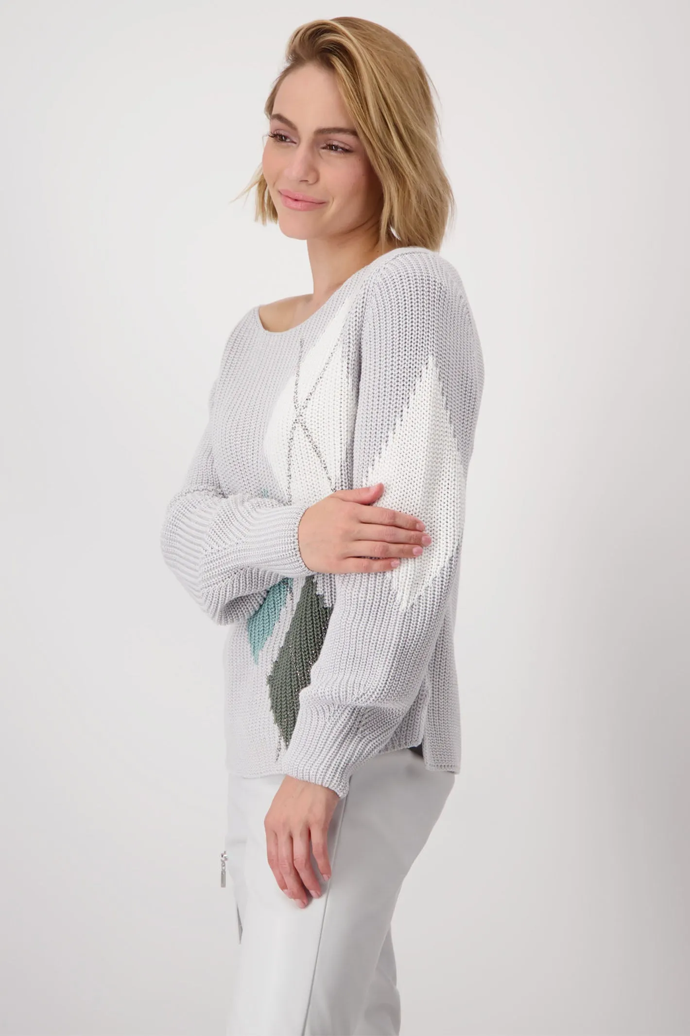 Monari 808377 Grey Chalk Diamond Print Round Neck Jumper