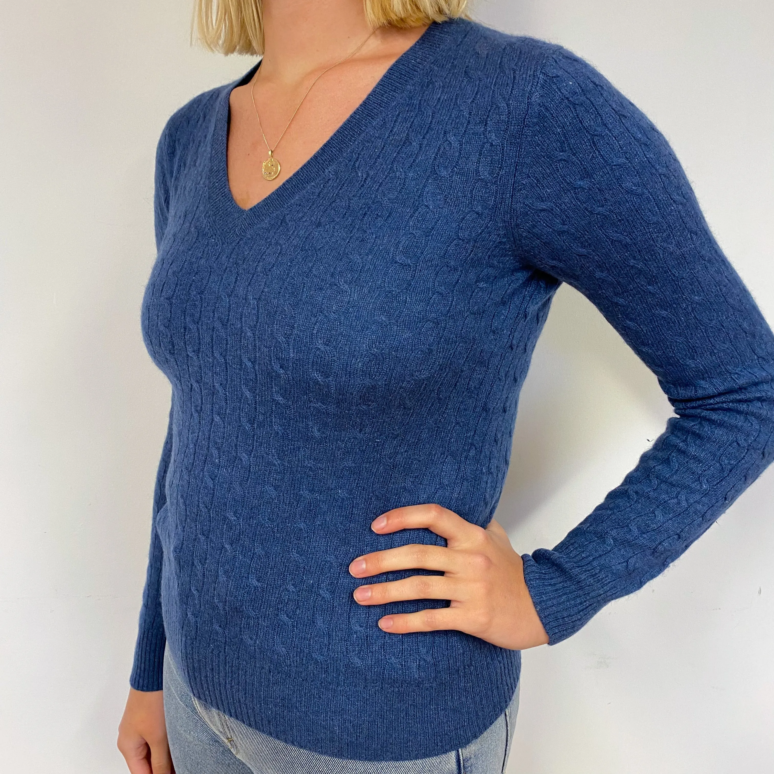 Naval Blue Cable Cashmere V-Neck Jumper Small