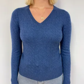 Naval Blue Cable Cashmere V-Neck Jumper Small