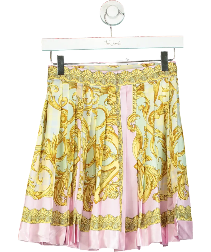 No Brand Label???Yellow Pleated Satin Print Mini Skirt UK XS