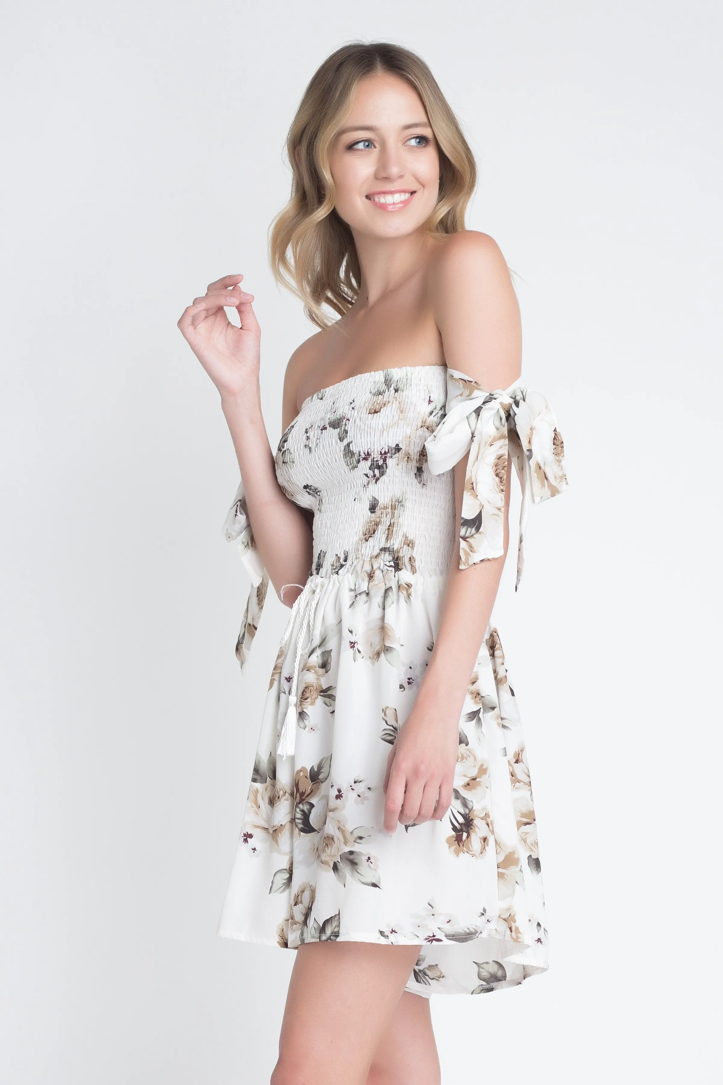 Off Shoulder Smocked Floral Tie Romper | CozyCouture®