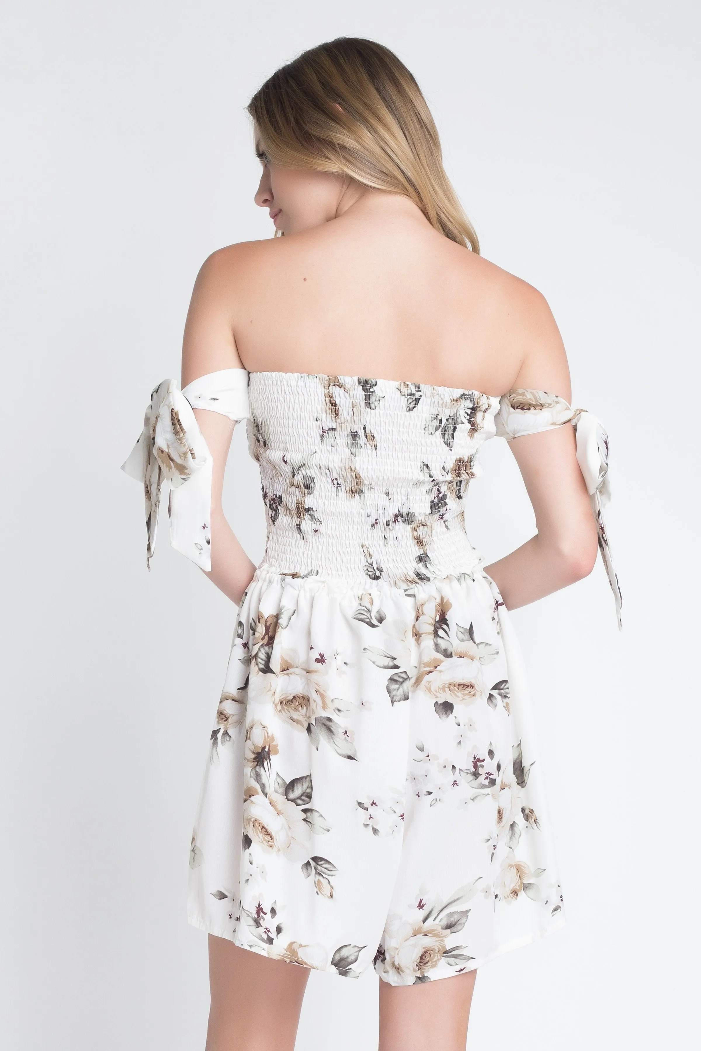 Off Shoulder Smocked Floral Tie Romper | CozyCouture®