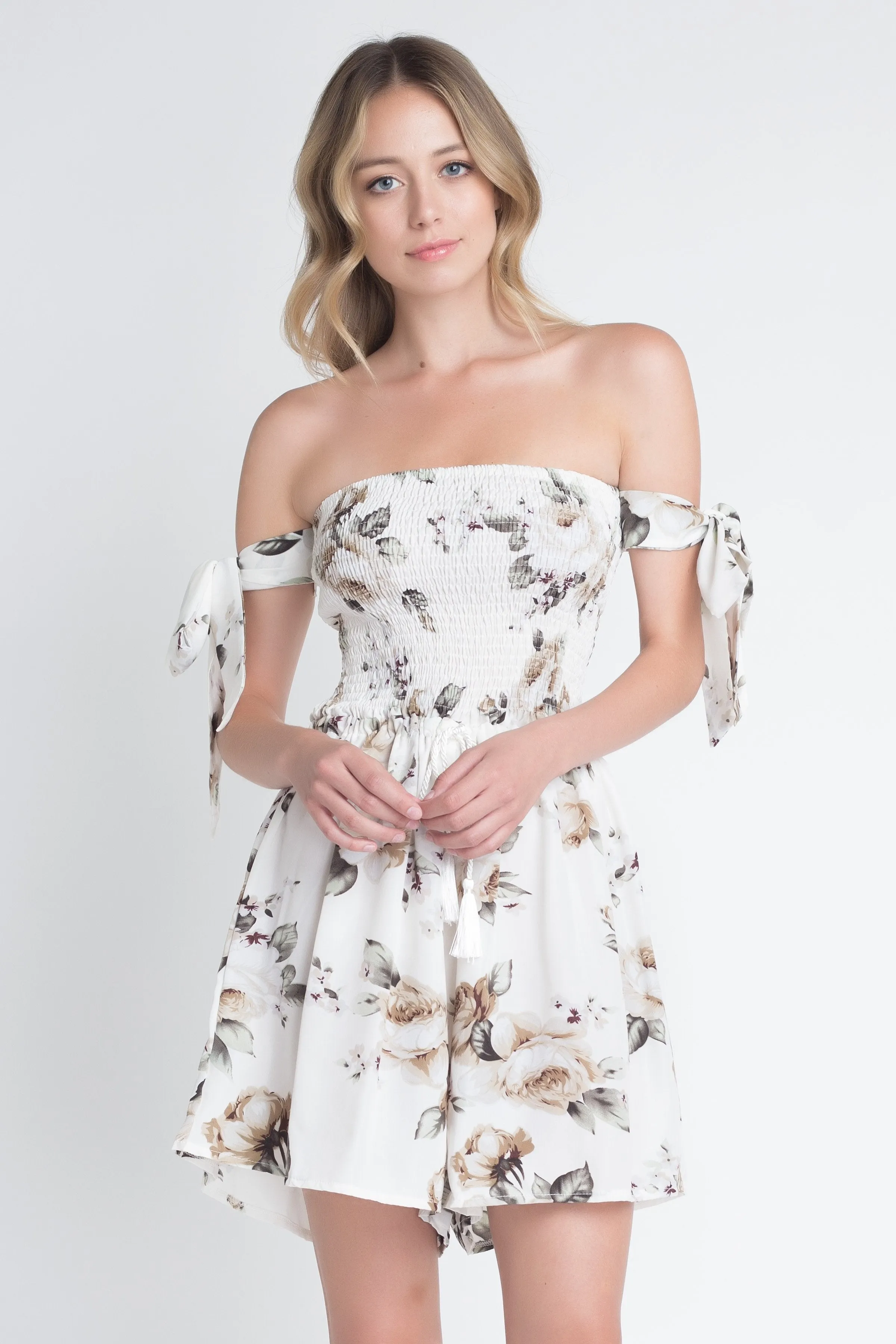 Off Shoulder Smocked Floral Tie Romper | CozyCouture®