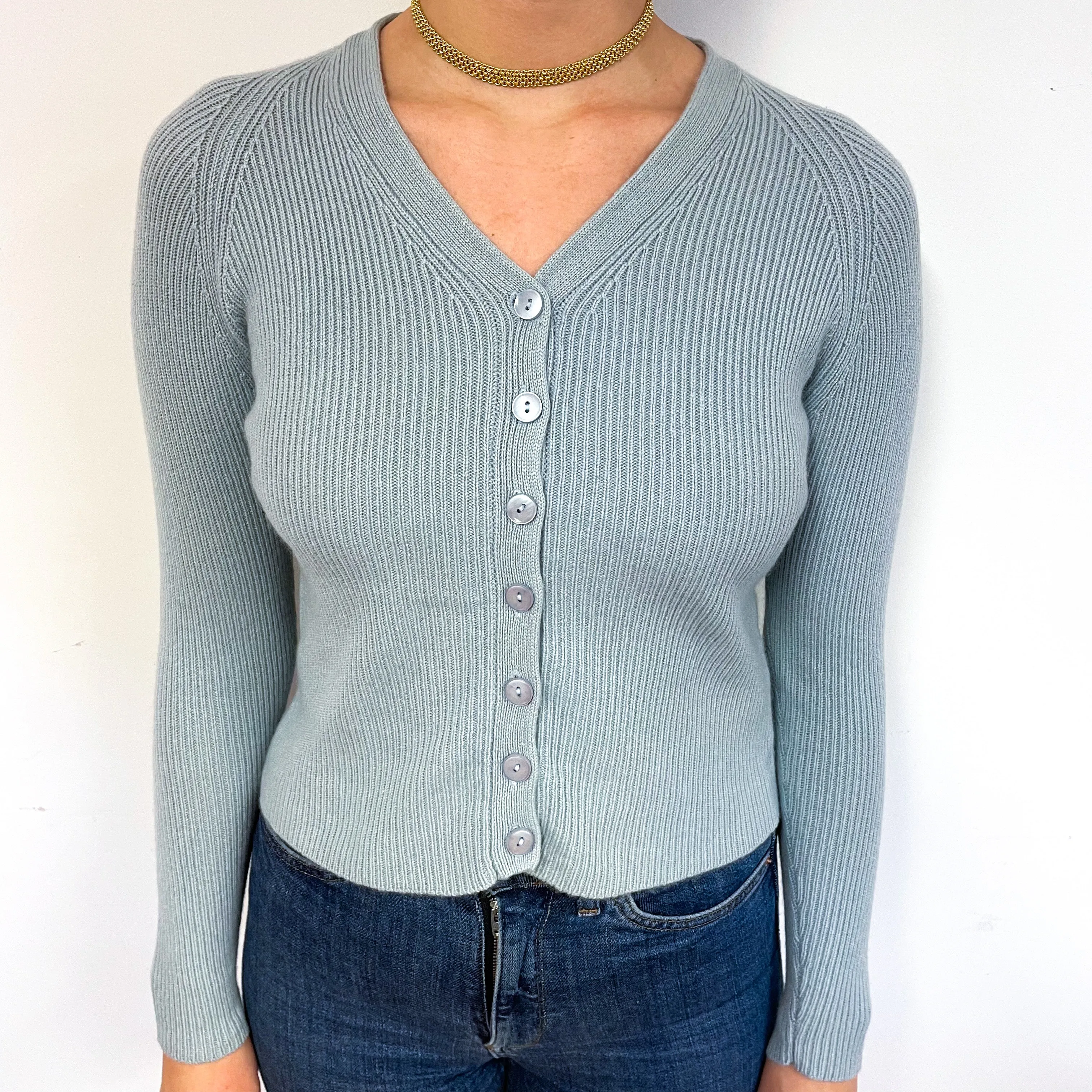 Opal Green Ribbed Cashmere V-Neck Cardigan Small