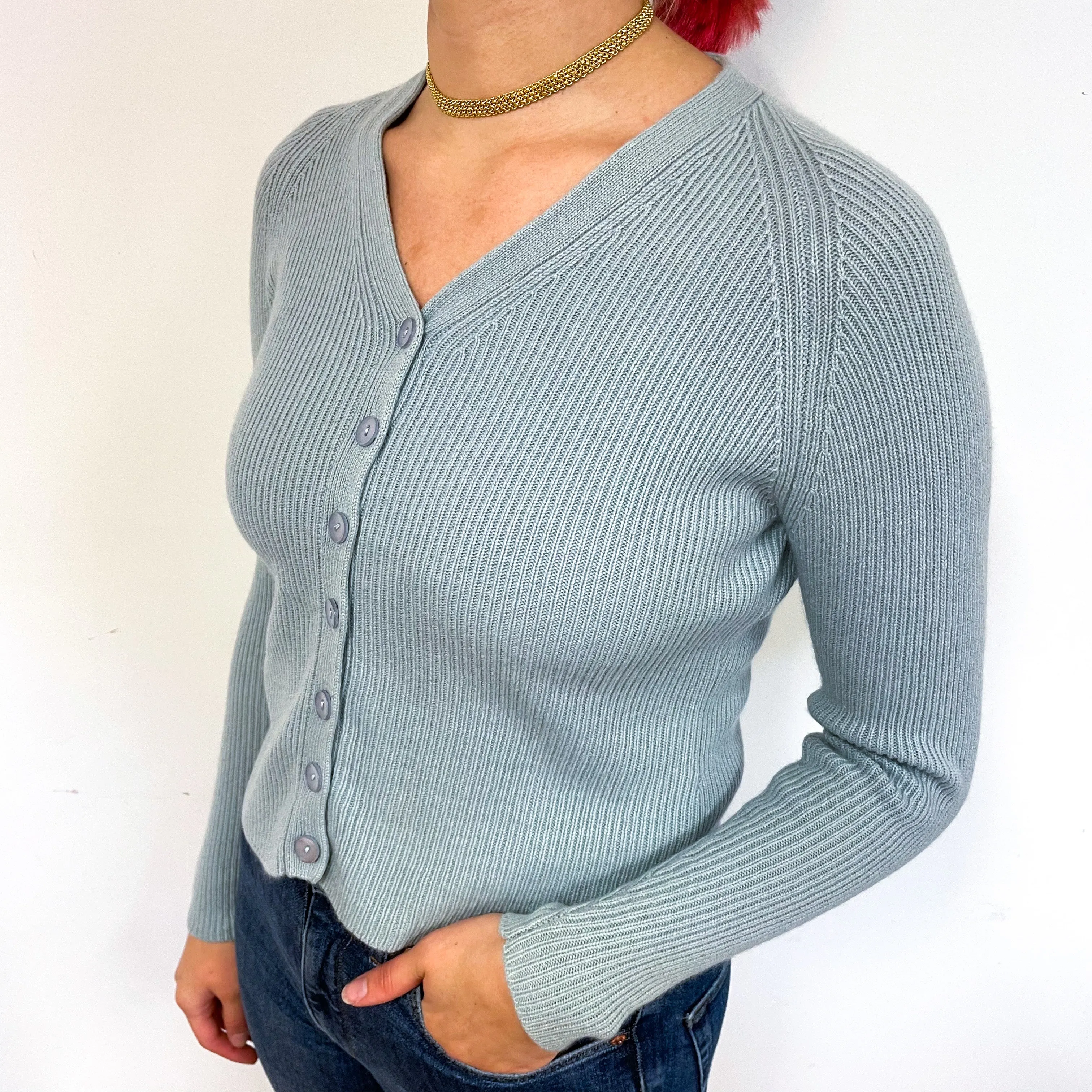 Opal Green Ribbed Cashmere V-Neck Cardigan Small