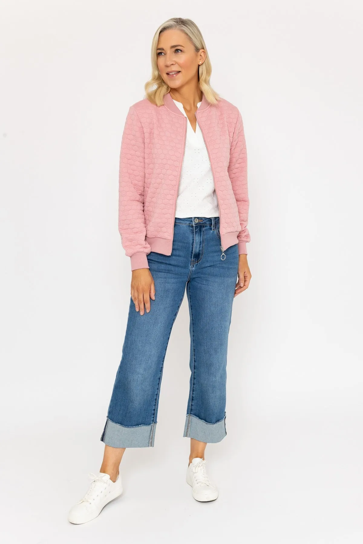 Pink Textured Fabric Bomber Jacket