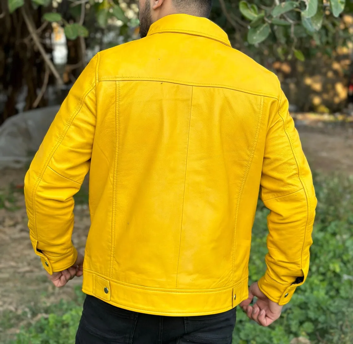 Qisa Genuine Real Leather Jacket Men Yellow Biker Motorcycle