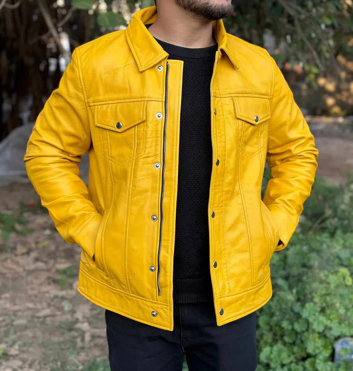 Qisa Genuine Real Leather Jacket Men Yellow Biker Motorcycle