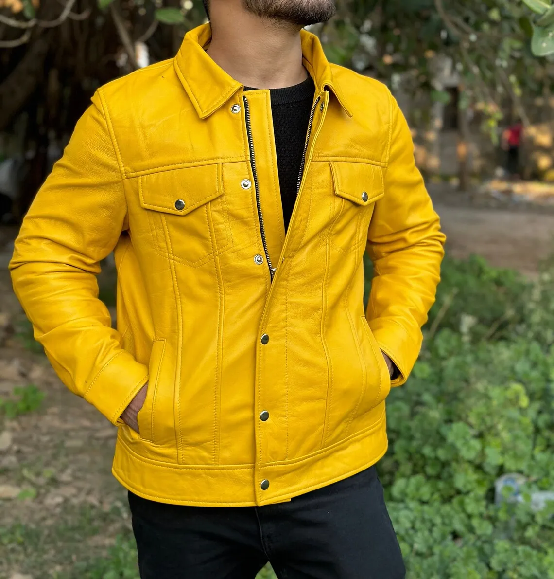 Qisa Genuine Real Leather Jacket Men Yellow Biker Motorcycle