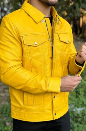 Qisa Genuine Real Leather Jacket Men Yellow Biker Motorcycle