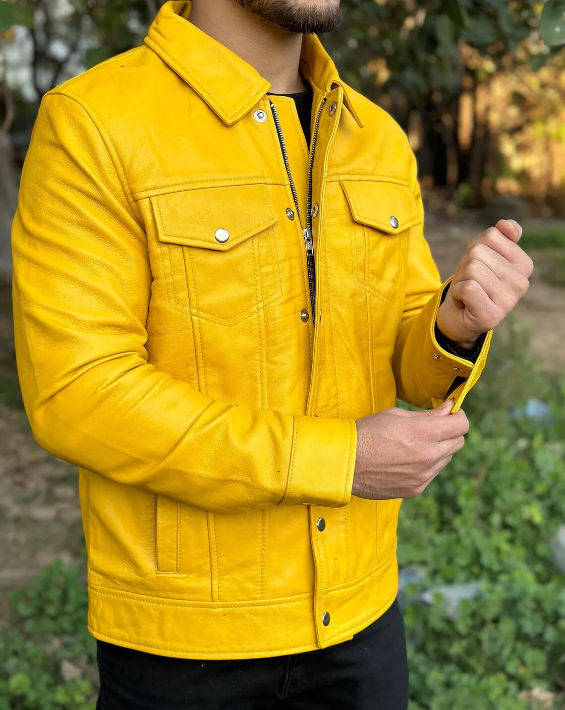 Qisa Genuine Real Leather Jacket Men Yellow Biker Motorcycle