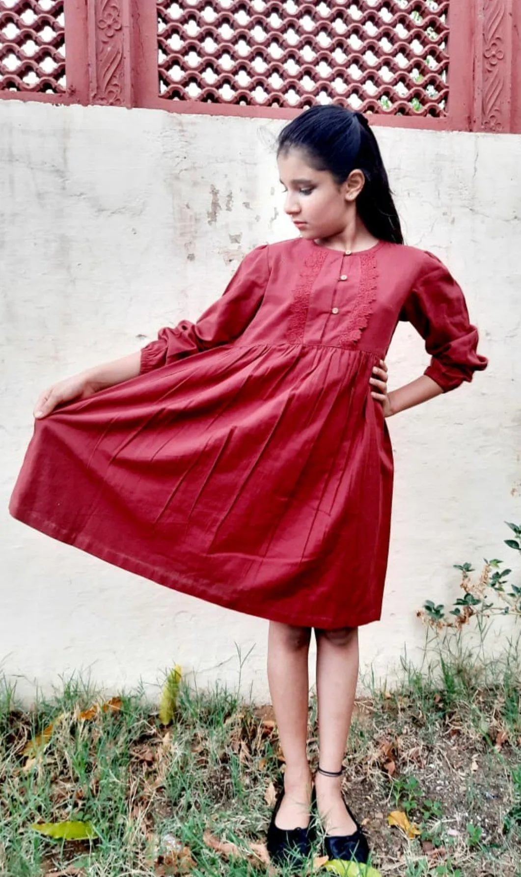 Red Lace Full-Sleeves Shirt Dress