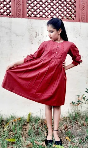 Red Lace Full-Sleeves Shirt Dress