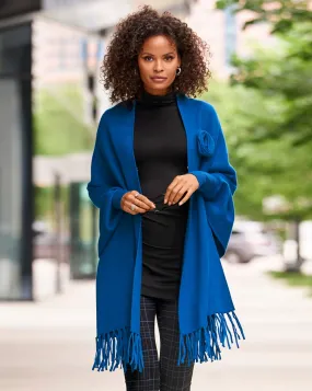 Rosette Brooch Fringe Poncho Classic Blue