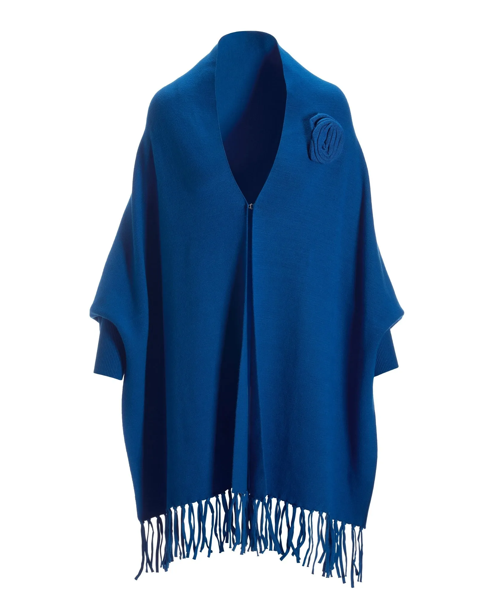 Rosette Brooch Fringe Poncho Classic Blue