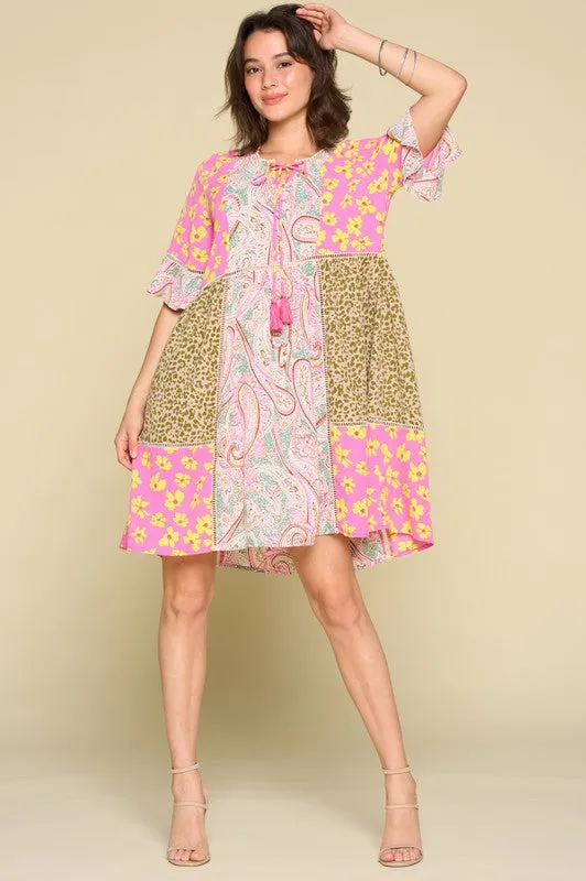 S, M, 2X only--(NO RETURNS) Mixed Floral Woven Babydoll Dress