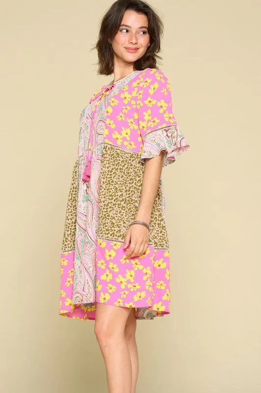 S, M, 2X only--(NO RETURNS) Mixed Floral Woven Babydoll Dress