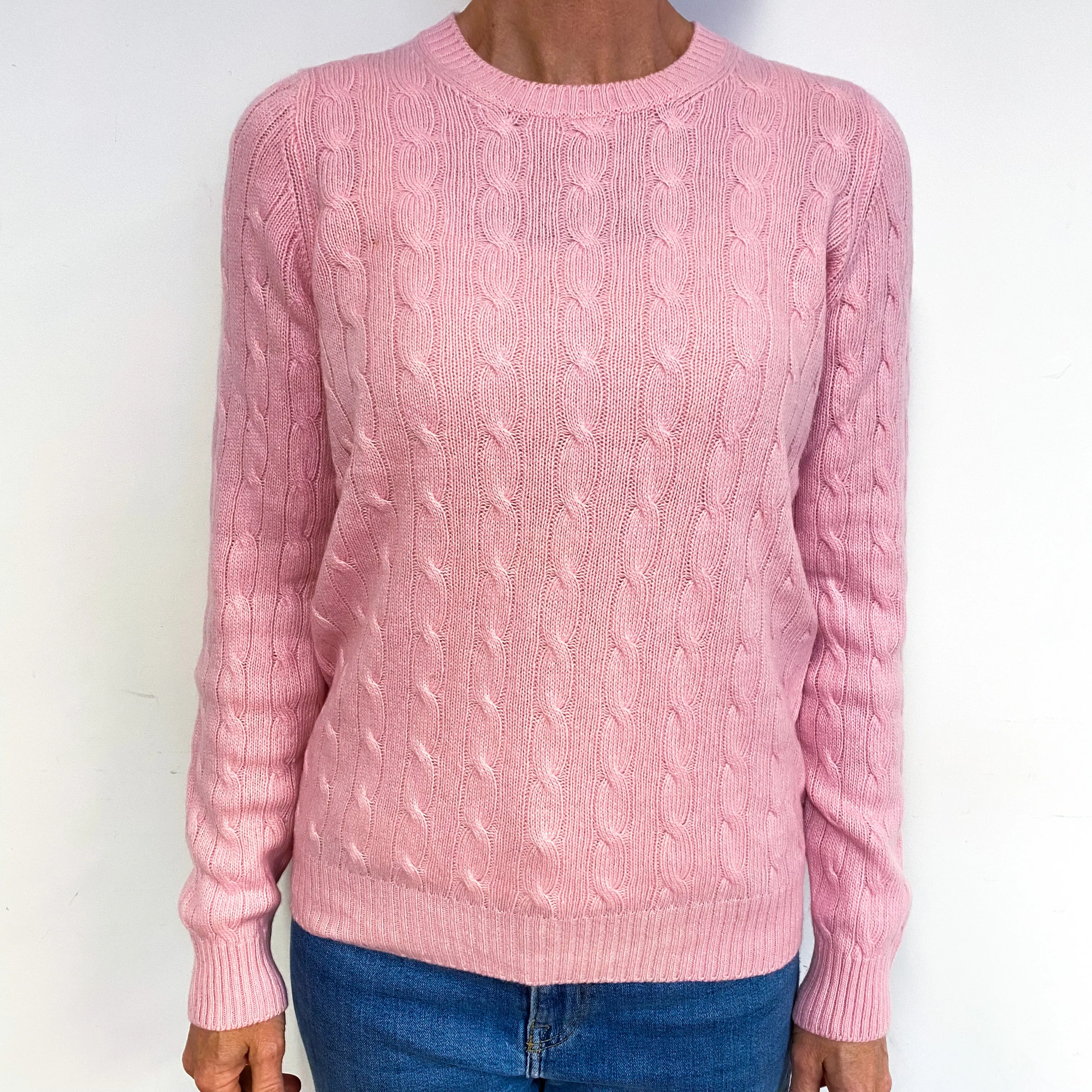 Scottish Pink Cable Cashmere Crew Neck Jumper Medium