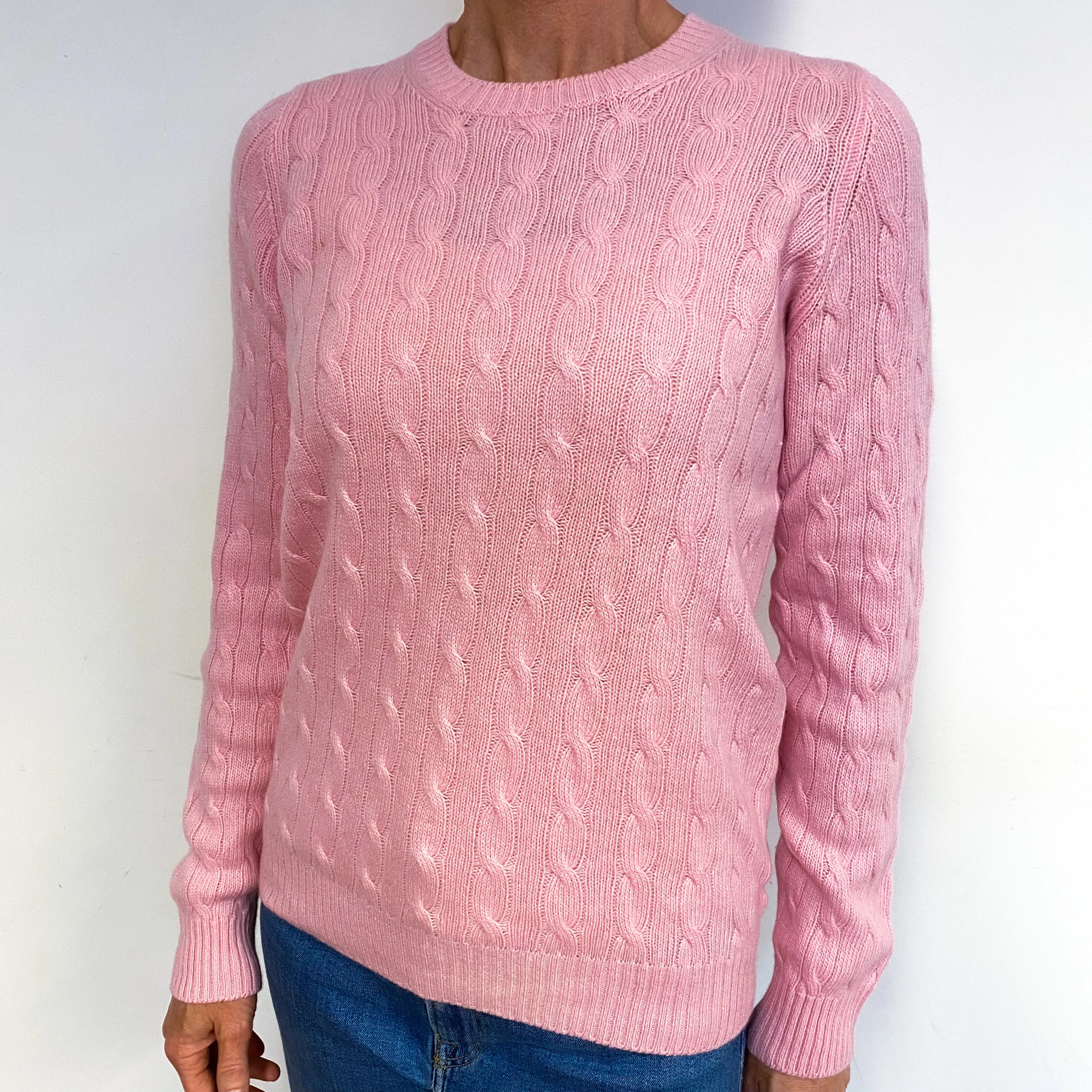 Scottish Pink Cable Cashmere Crew Neck Jumper Medium