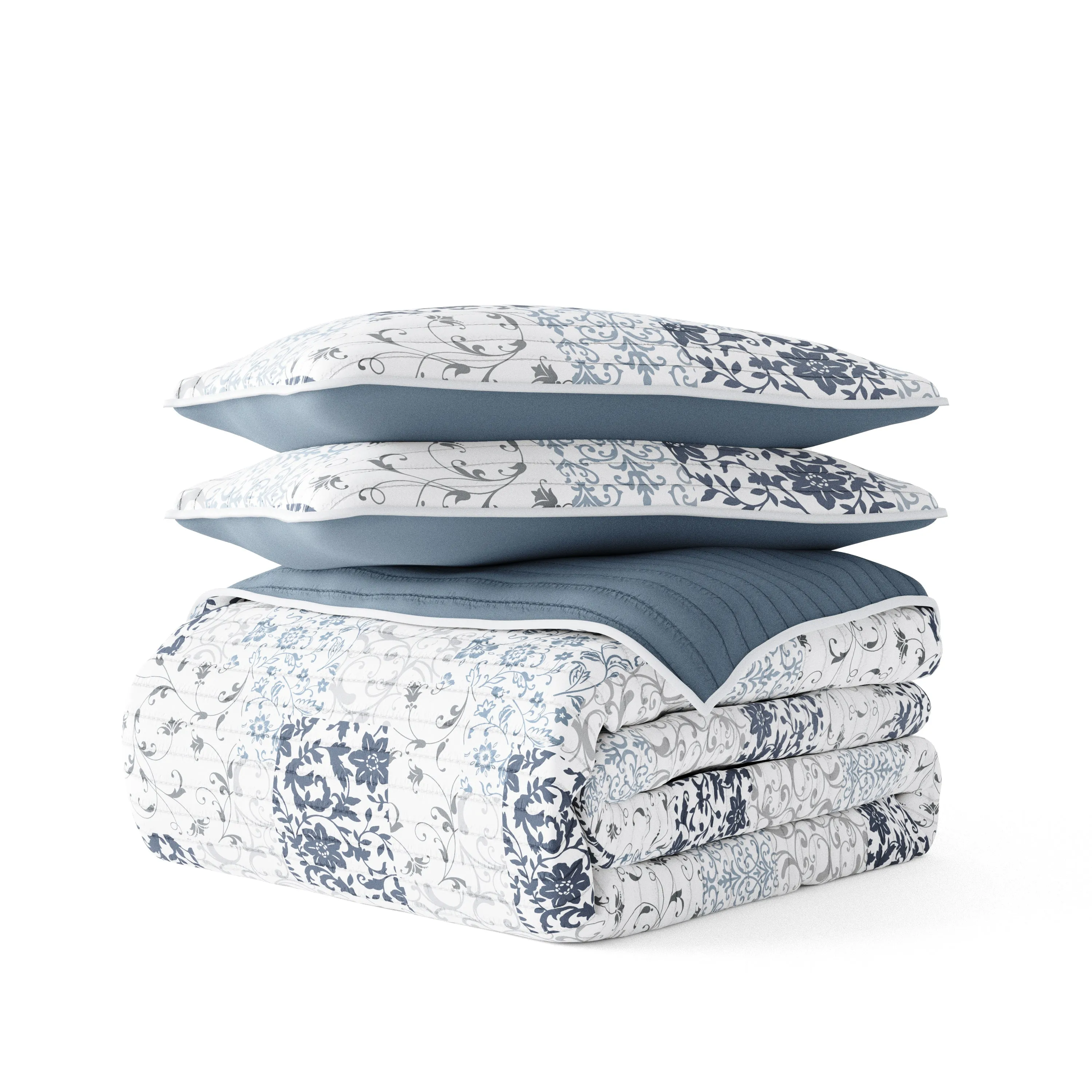 Scrolled Patchwork Reversible Quilted Coverlet Set