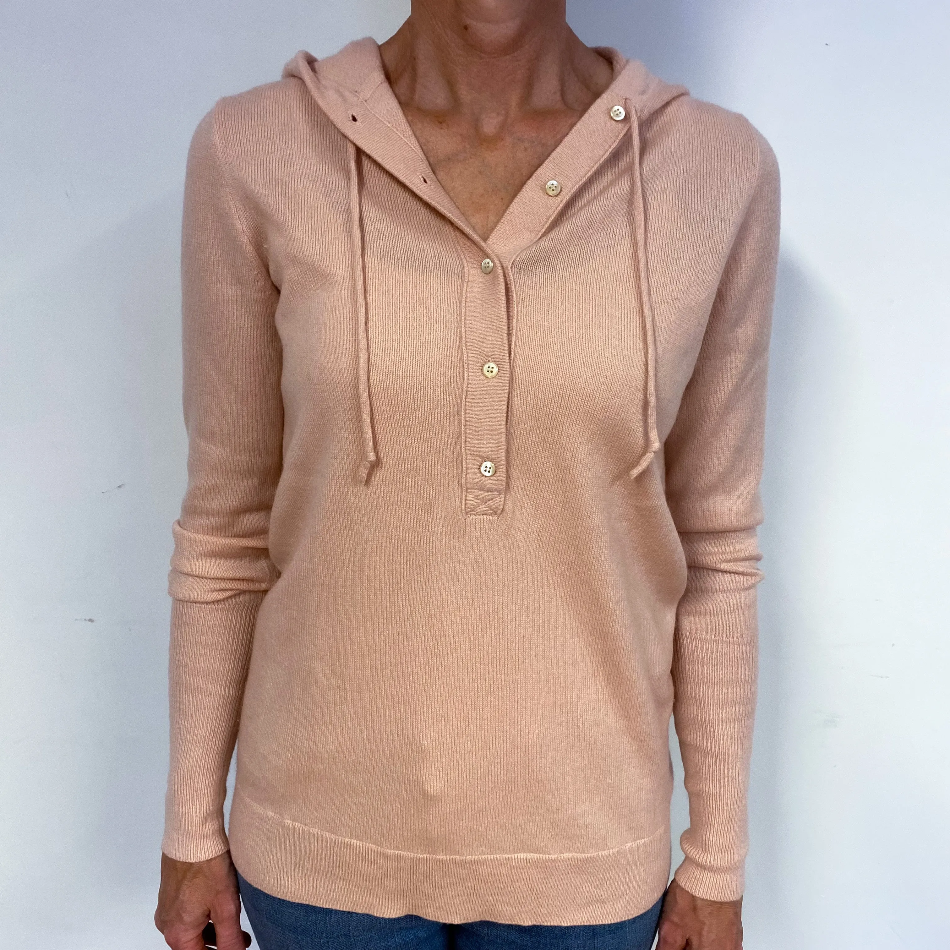 Shell Pink Cashmere Buttoned Hoodie Jumper Medium