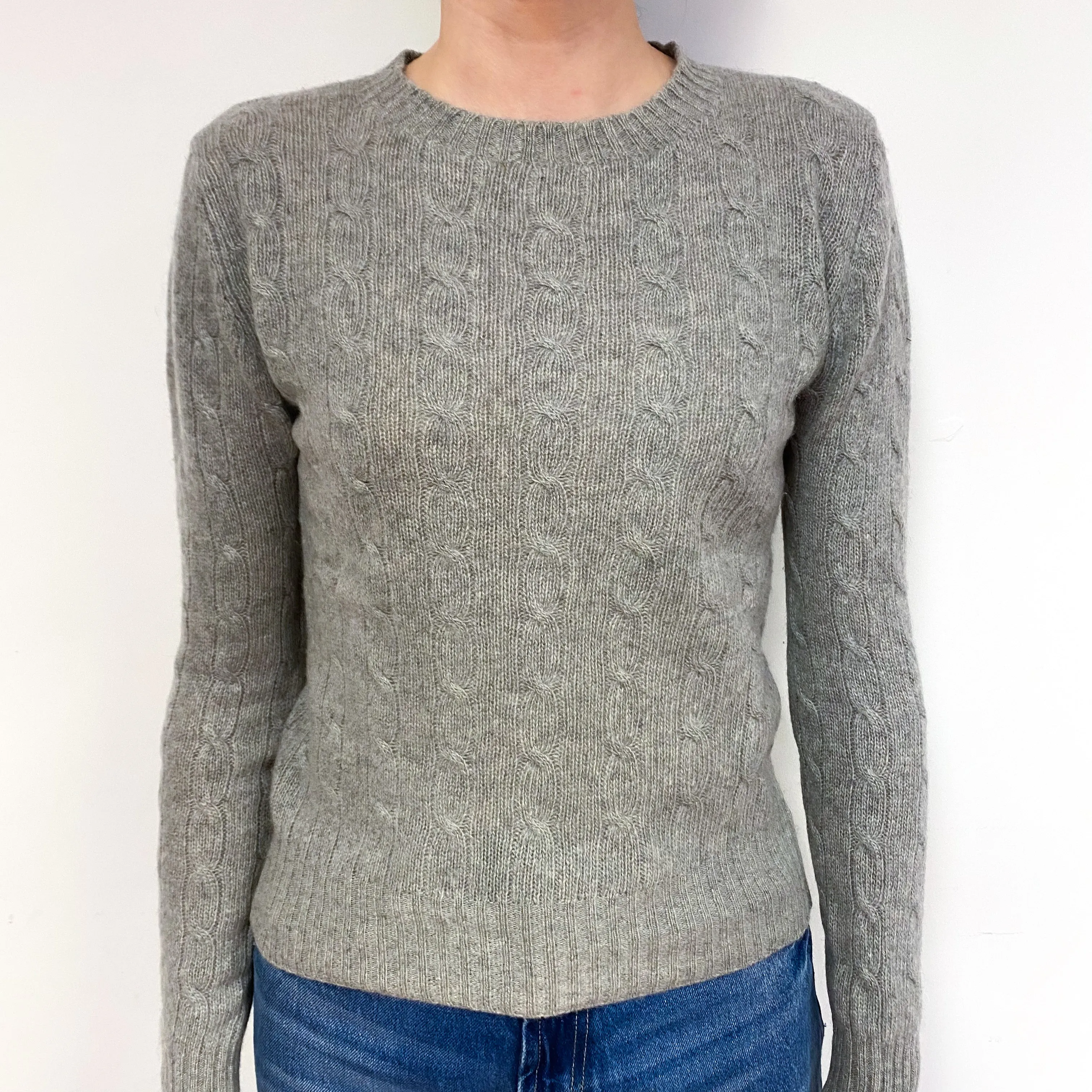 Smoke Grey Cable Cashmere Crew Neck Jumper Extra Small