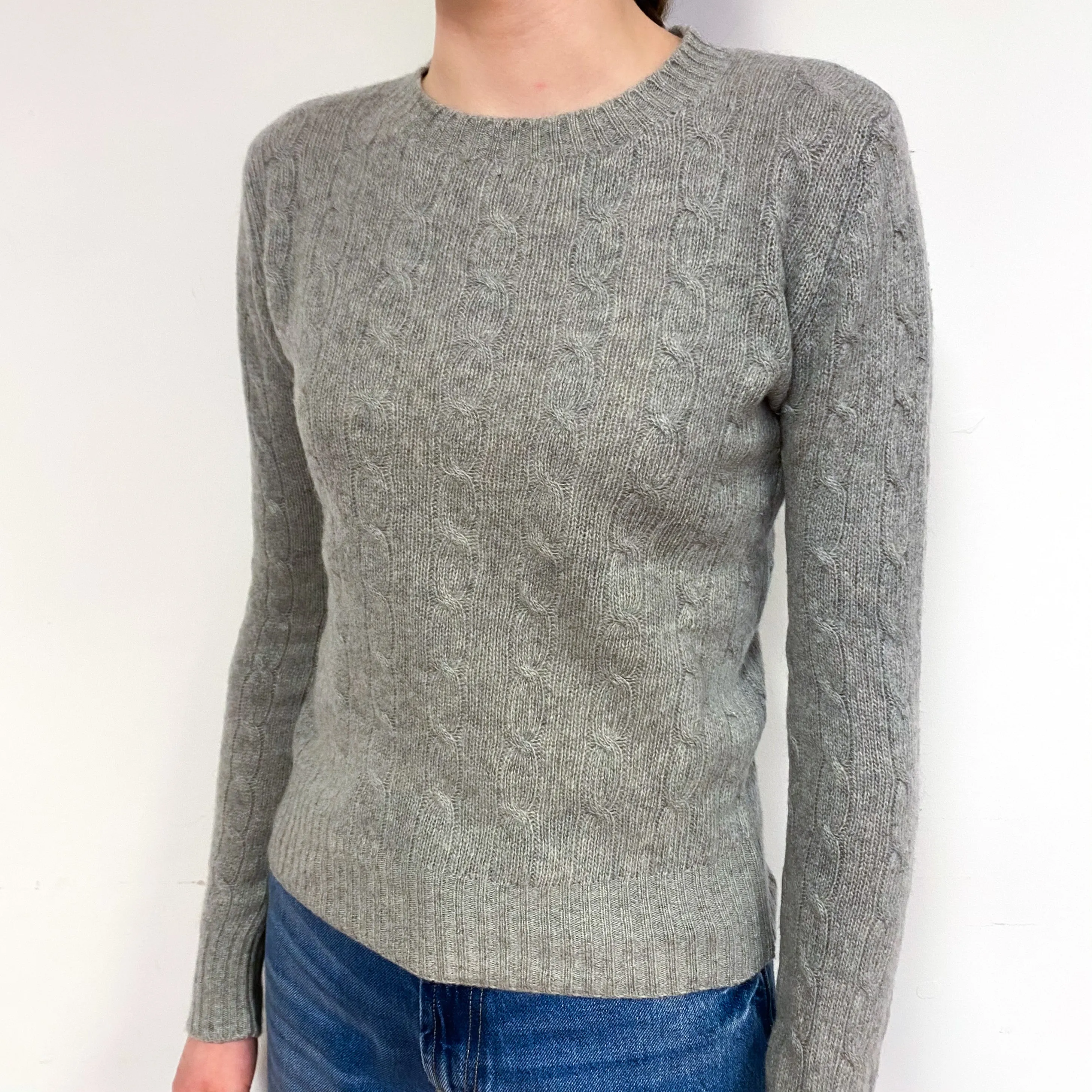 Smoke Grey Cable Cashmere Crew Neck Jumper Extra Small