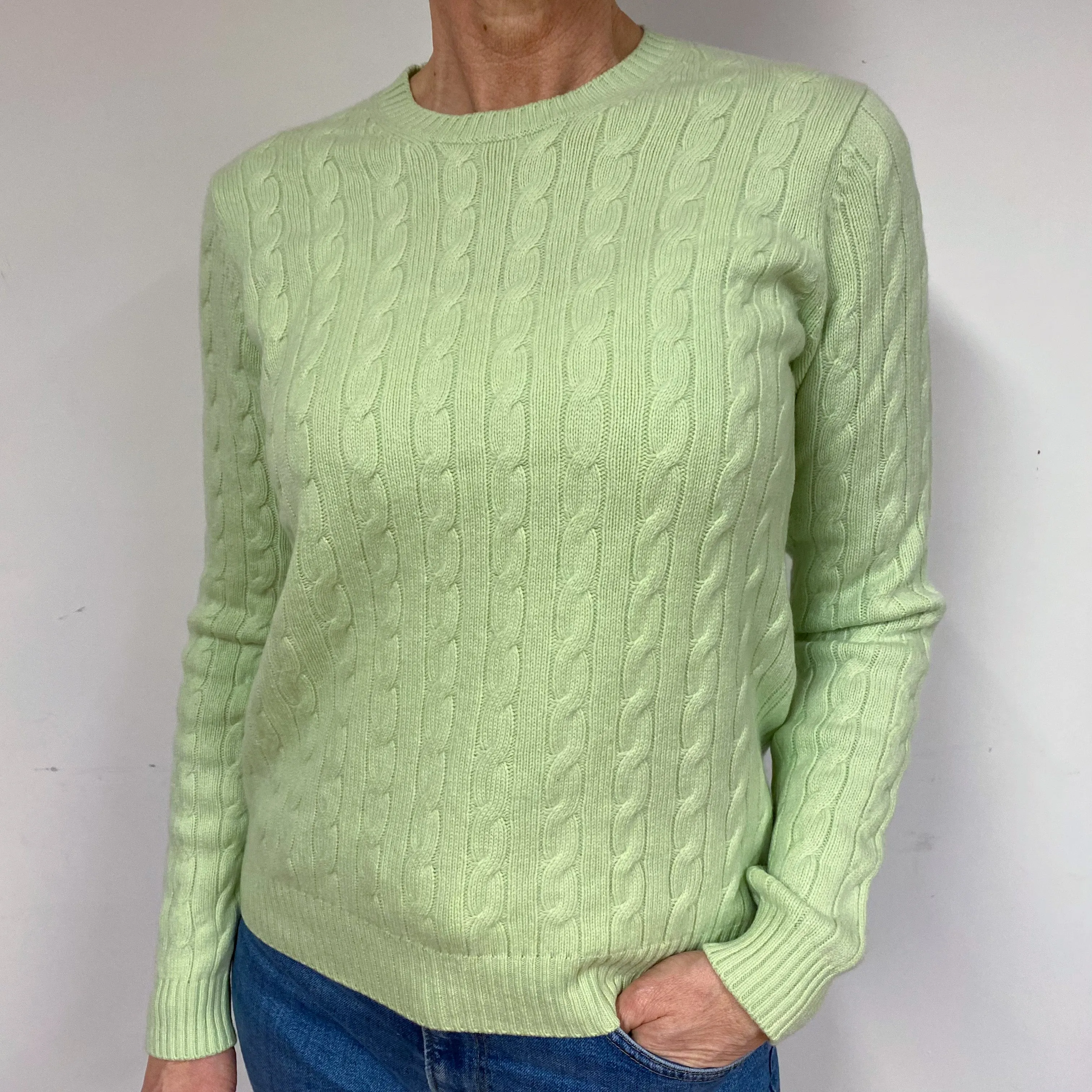 Soft Green Cable Cashmere Crew Neck Jumper Medium