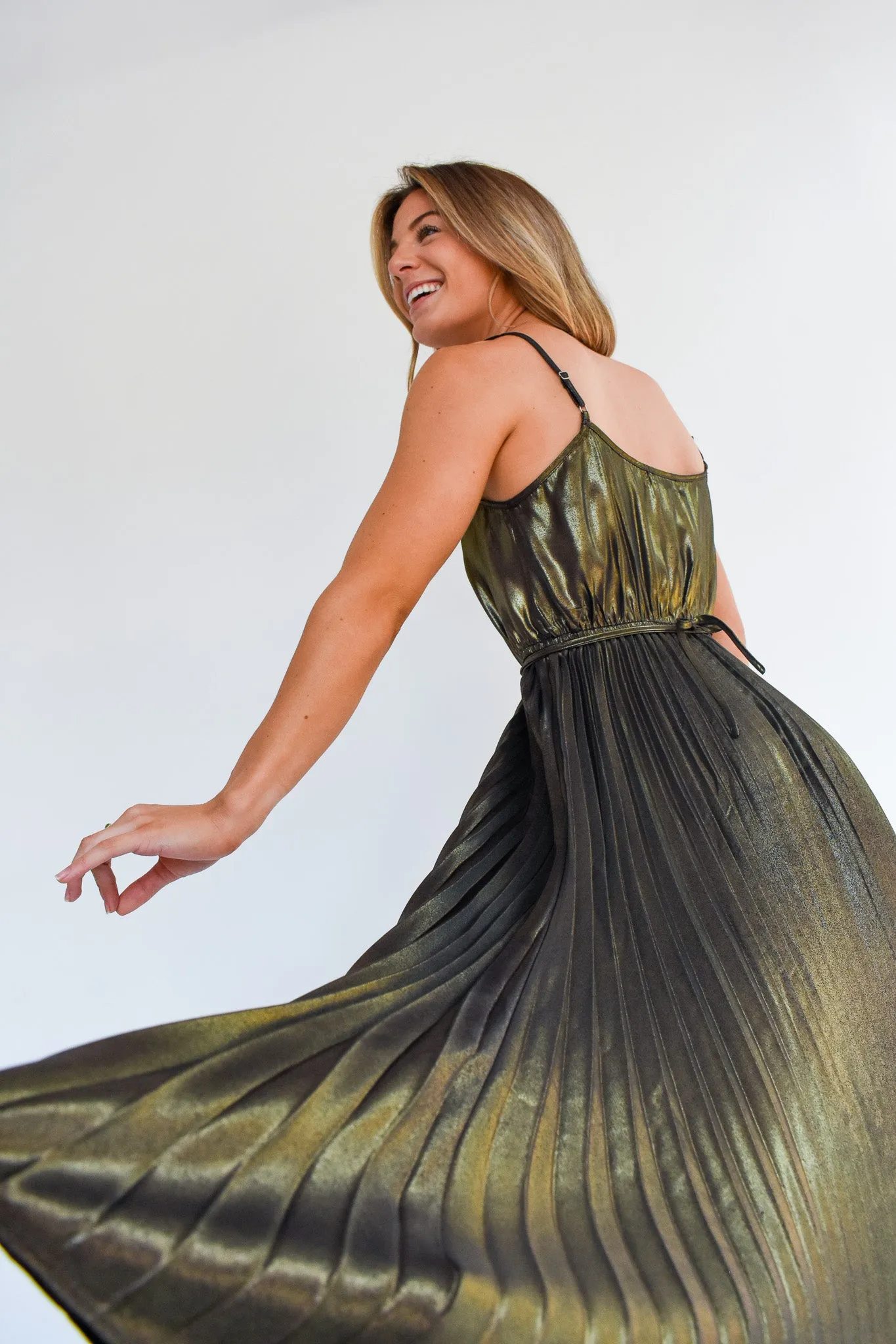 Sparkle And Shine Metallic Pleated Midi Dress