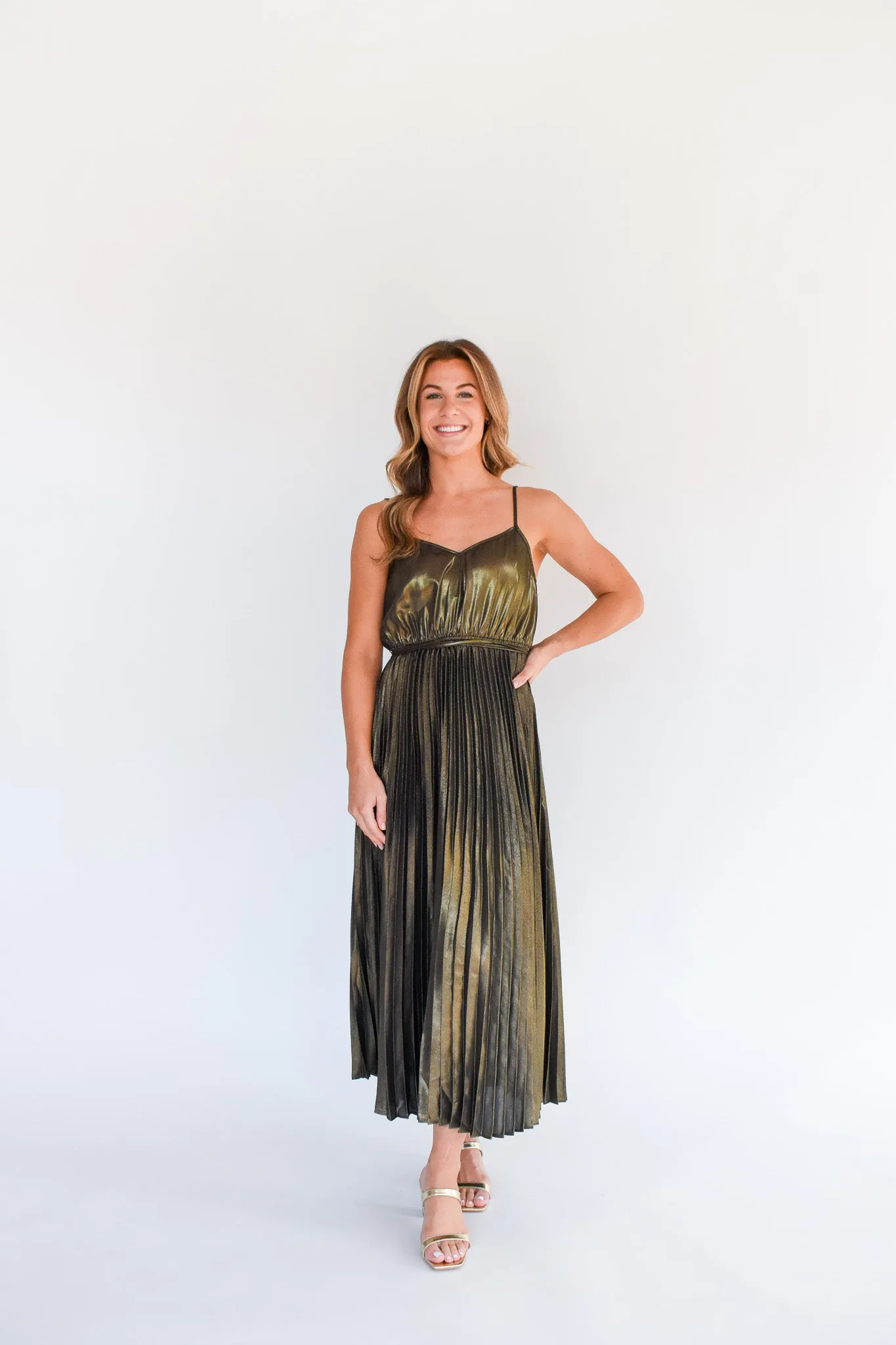 Sparkle And Shine Metallic Pleated Midi Dress