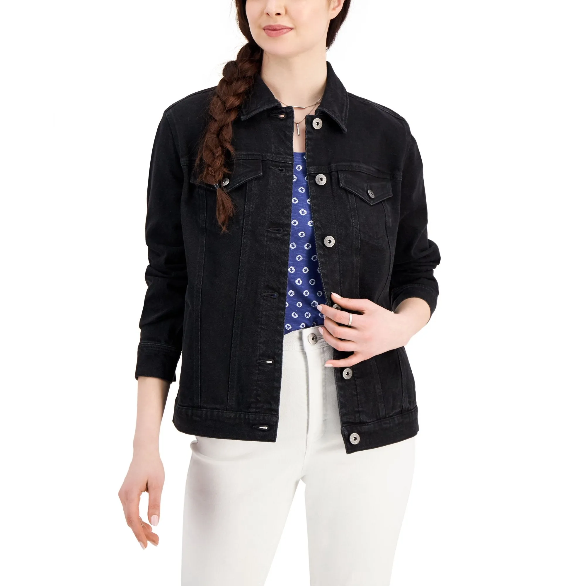 Style & Co Womens Denim Trucker Jacket, Black Size 24W