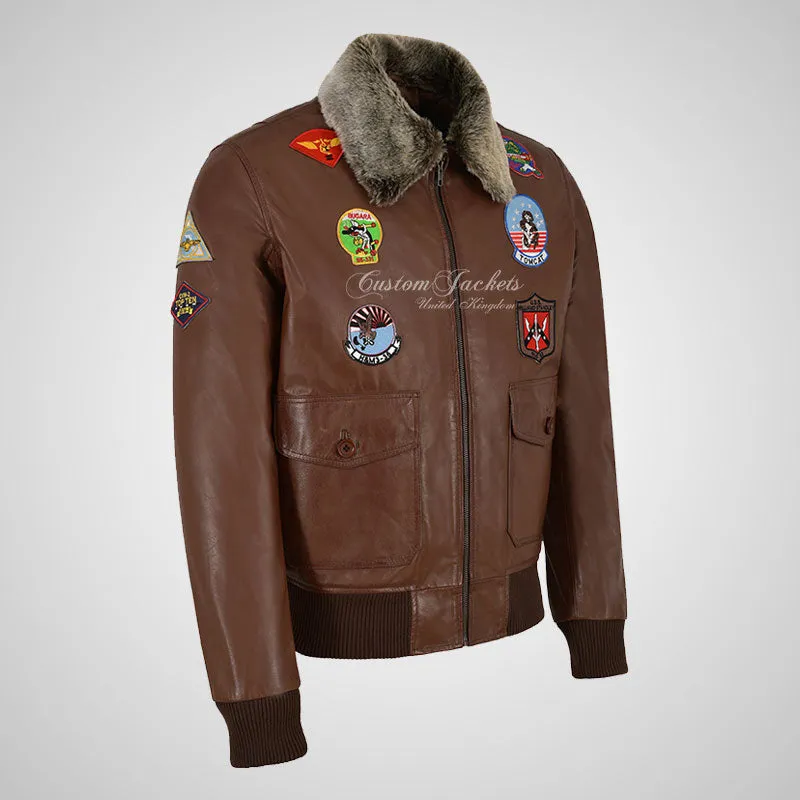 TOP GUN Men's Fur Collared Buffalo Leather Bomber Jacket with Badges