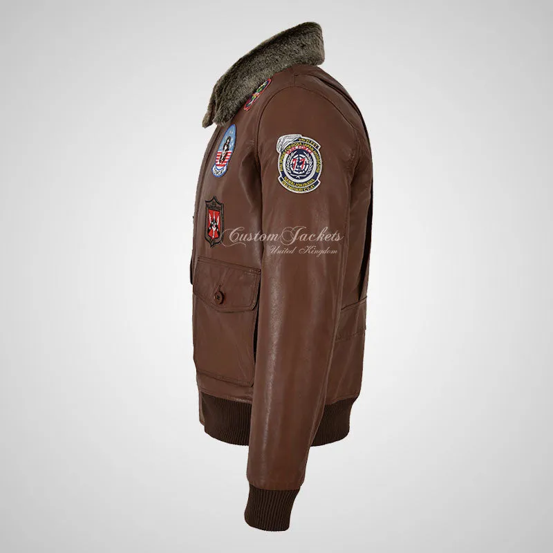 TOP GUN Men's Fur Collared Buffalo Leather Bomber Jacket with Badges