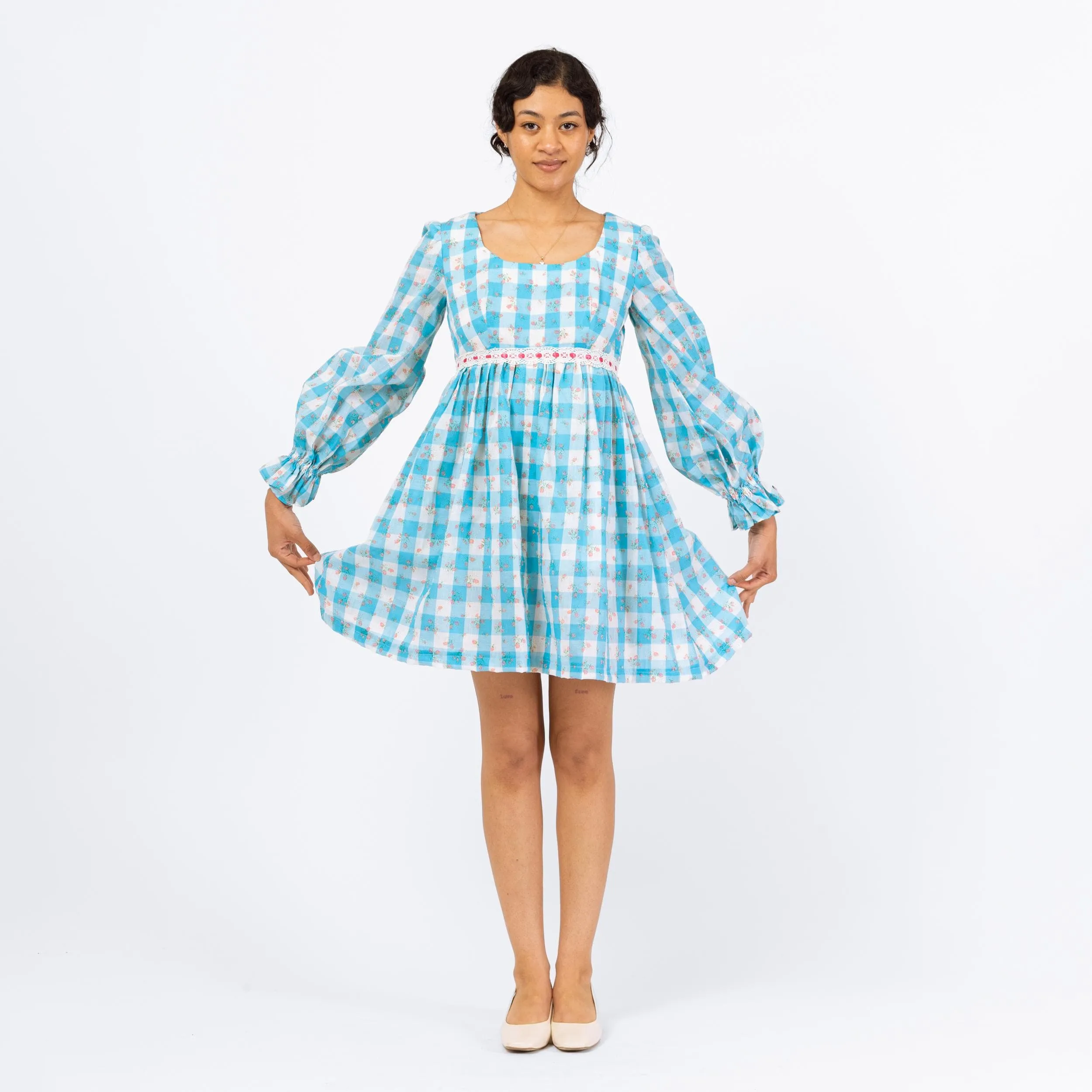 Vintage 70s Blue & White Gingham Babydoll Mini Dress - Small