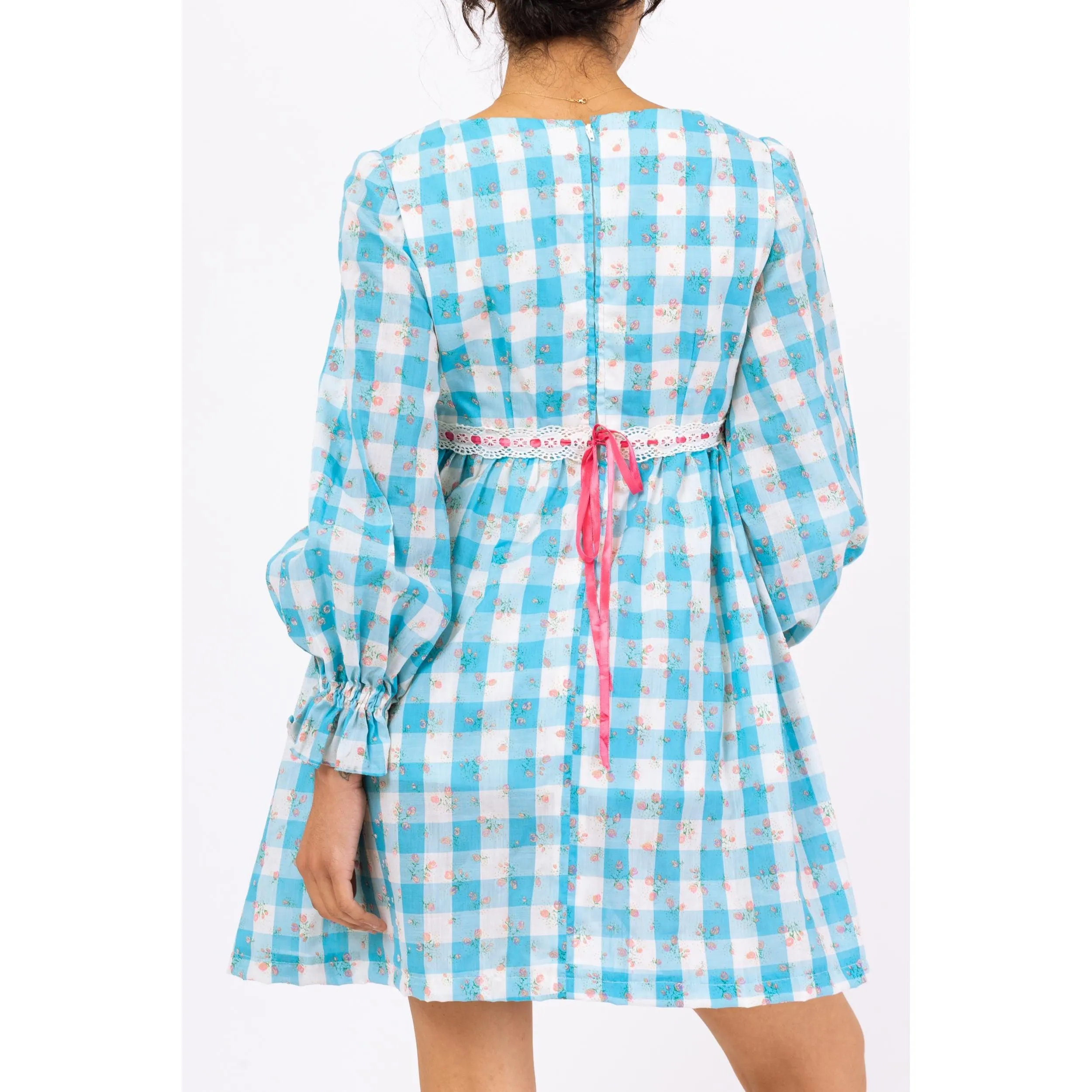 Vintage 70s Blue & White Gingham Babydoll Mini Dress - Small
